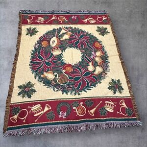 Goodwin Weavers Wreath Christmas Holiday Tapestry Throw Cotton Green Red 60 X50